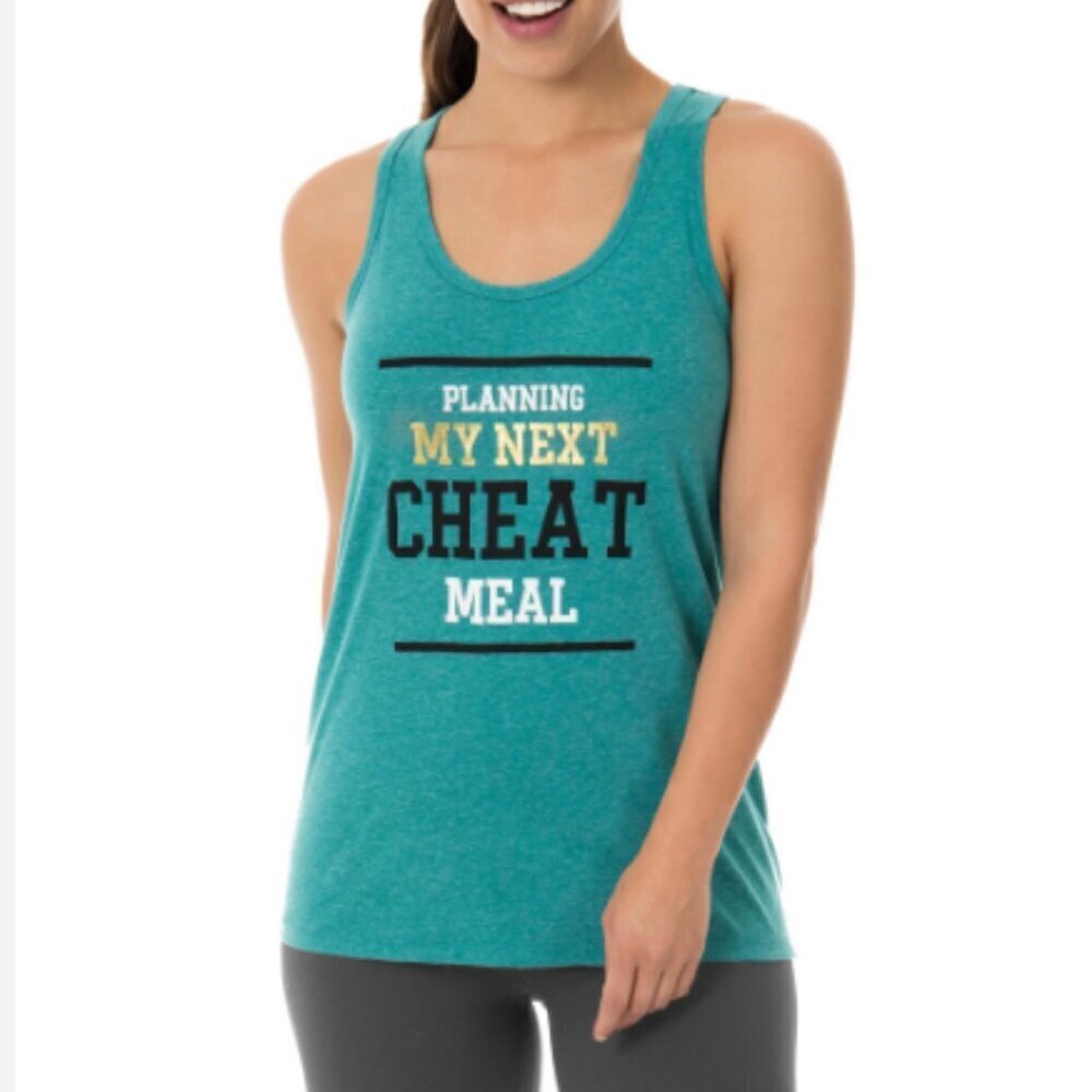 Athletic Works Planning My Next Cheat Meal Racerback Teal Tank Top Size XL